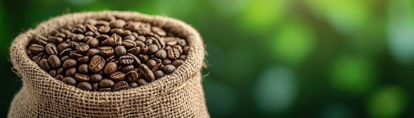 A burlap sack filled with fresh coffee beans, showcasing their rich brown color and texture, set against a blurred green background.