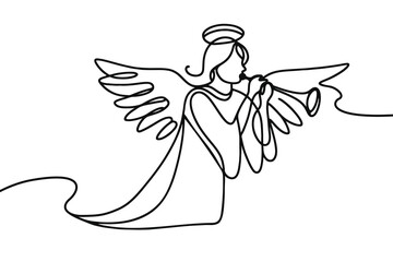 Vector linear image on white background, one line. Angel blowing a trumpet. angel with a trumpet in his hands © Olena Hnatiuk