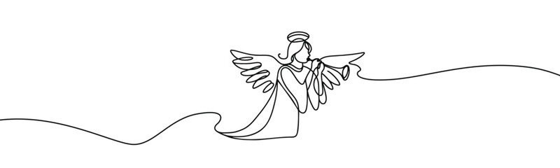 Vector linear image on white background, one line. Angel blowing a trumpet. angel with a trumpet in his hands © Olena Hnatiuk