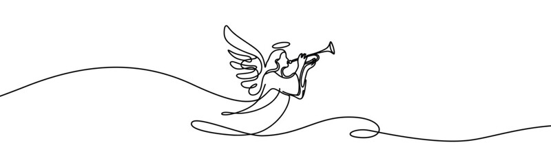 Vector linear image on white background, one line. Angel blowing a trumpet. angel with a trumpet in his hands © Olena Hnatiuk