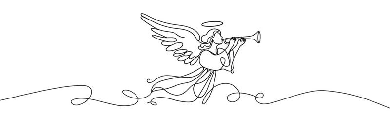 Vector linear image on white background, one line. Angel blowing a trumpet. angel with a trumpet in his hands