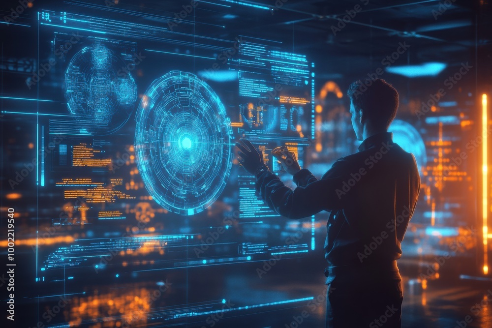Aufkleber A professional engages with floating holographic data and neural networks in a high-tech environment at night. Generative AI