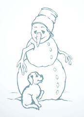 Snowman and dog. Vector drawing.