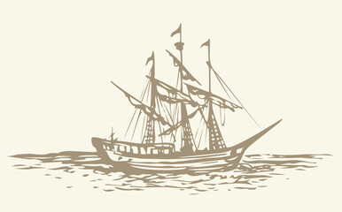 Vector landscape. Sketch of a fishing boat