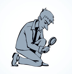 A man with a magnifier is looking for weeds. Vector drawing