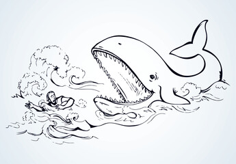 Man swims through the waves of the storm. Vector drawing