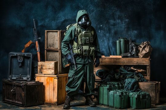 doomsday prepper in a gas mask and tactical gear, standing near a stockpile of supplies