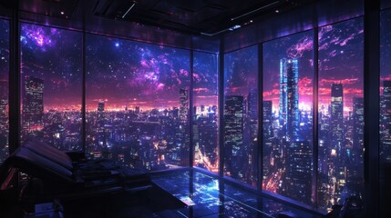 Obraz premium Large room with expansive windows overlooking a vibrant city glowing in the night from high above.