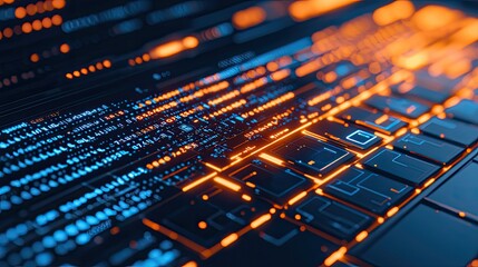 A close-up of a keyboard with glowing keys, surrounded by vibrant blue and orange data streams, representing technology and digital innovation.
