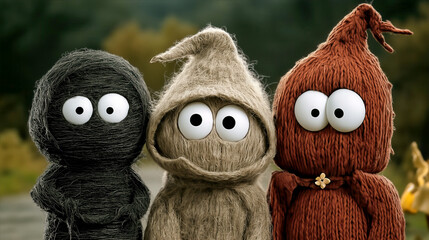 Three cute yarn creatures with large eyes standing close together