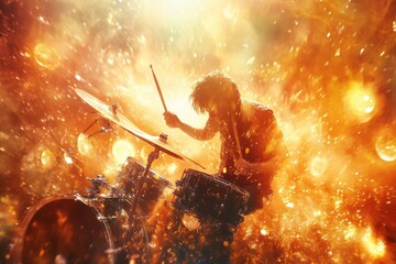 Fototapeta premium dynamic image of a drummer in a metal band, passionately hitting the cymbals with raw energy and power in excitement of a live metal performance.