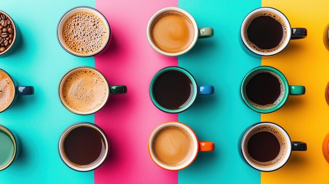 A vibrant arrangement of various coffee cups showcasing different types, colors, and textures of coffee against a colorful background.