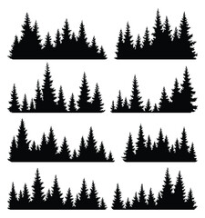 Set of fir trees silhouettes. Coniferous spruce horizontal background patterns, black evergreen woods vector illustration. Beautiful hand drawn panoramas of coniferous forest