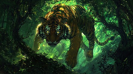   A tiger strolling through a verdant forest brimming with numerous flora on both sides of its visage