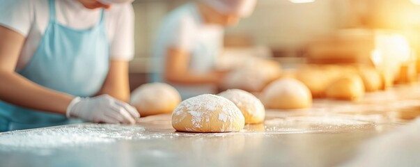 Freshly prepared bread dough on a work table, with bakers working in the background. Flour dust fills the air, capturing the essence of a bustling bakery atmosphere.