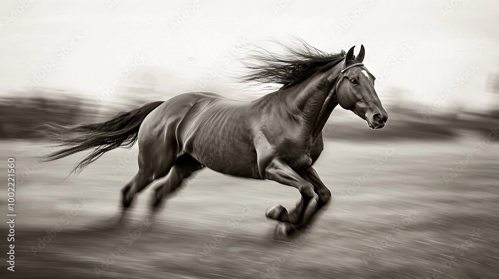 Canvas Prints   A monochrome picture captures a galloping horse with wind-tossed mane in a field