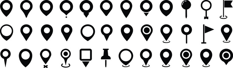 Location map pin icons set. Modern map marker collection. Pinpoint. Location pin icon. Map pin place marker. Map marker pointer icon. GPS location symbol. Flat style vector