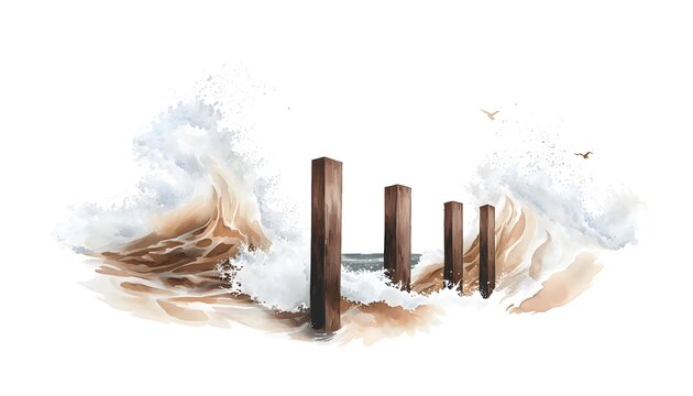 Waves crashing against a pier during a storm, the force of the water bending the wooden beams
