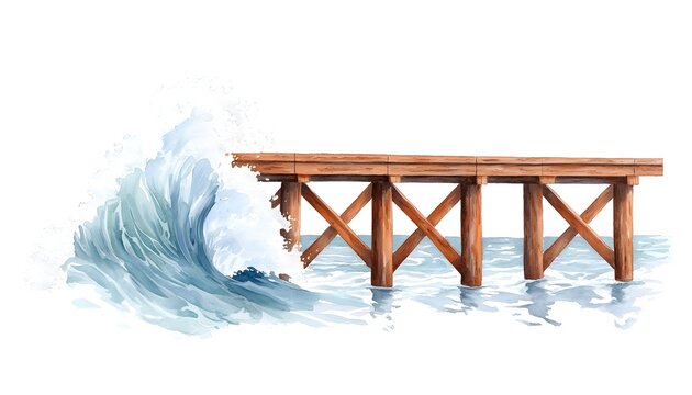 Waves crashing against a pier during a storm, the force of the water bending the wooden beams