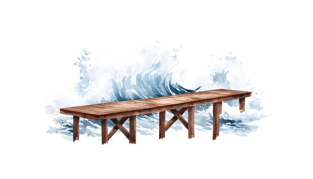 Waves crashing against a pier during a storm, the force of the water bending the wooden beams