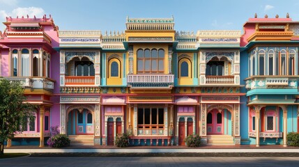 Lively and colorful Indian Haveli exterior, reflecting traditional Indian architecture with ornate detailing.