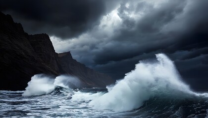 Obraz premium Waves pounding against jagged cliffs, sending sea spray high into the air under a stormy sky