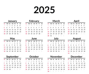 2025 calendar. Week starts on Sunday. Simple calendar layout. Yearly diary. Minimal stationery template with 12 months, in English. Pocket or wall formats