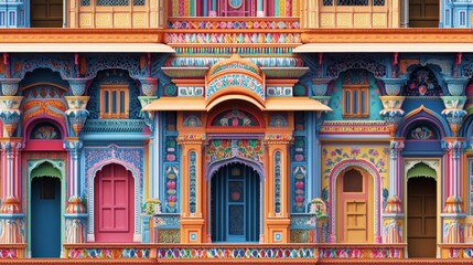 Fototapeta premium Lively and vibrant Indian Haveli exterior with colorful patterns and detailed architecture, showcasing rich cultural heritage.