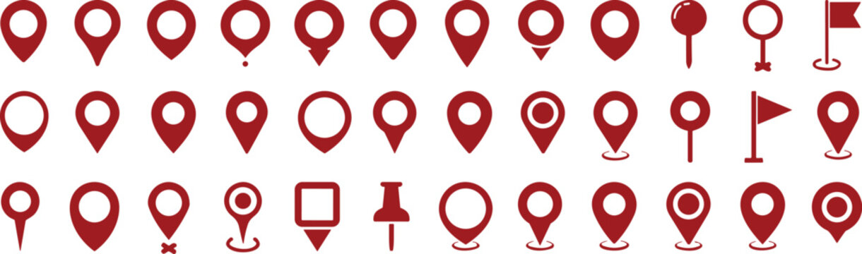 Red Location map pin icons set. Modern map marker collection. Pinpoint. Location pin icon. Map pin place marker. Map marker pointer icon. GPS location symbol. Flat style vector