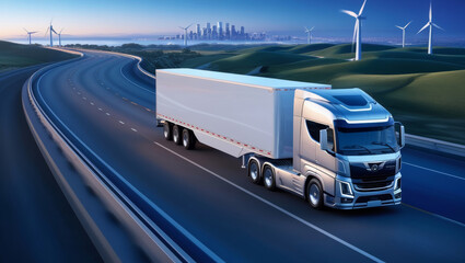 photorealistic image of a sleek, futuristic semi-trailer truck