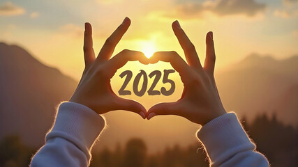 2025 new year human hands holding black silhouette, sky view of new year 2025, best wishes