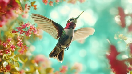 Fototapeta premium Hummingbird flying in front of blue sky with flower in the backdrop
