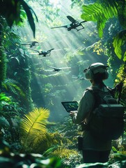 A biodiversity conservationist monitors wildlife with drones in a vibrant, futuristic jungle setting. Generative AI