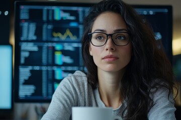 A young finance analyst working late in the office. She is analyzing data and sipping coffee to stay focused, Generative AI