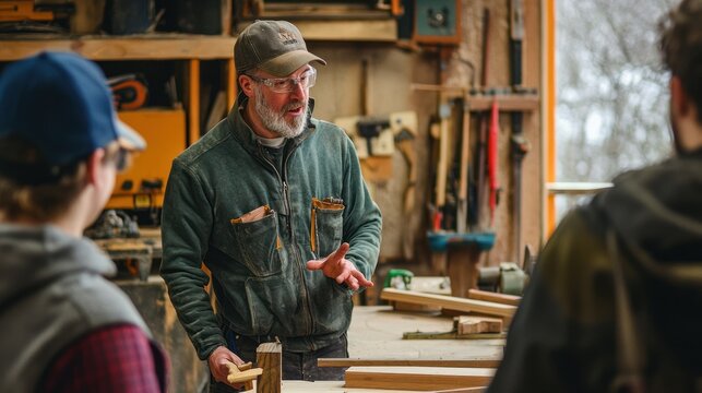 A man teaching a woodworking class, demonstrating techniques to students in a workshop.