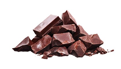 Fototapeta premium Pile of chocolate blocks with jagged edges, raw and textured surface, hyper-realistic, isolated on white background