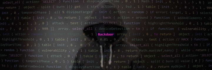 Cyber attack backdoor text in foreground screen, Anonymous hacker hidden with hoodie in the blurred background. Vulnerability text in binary system ascii art style, code on editor screen. 