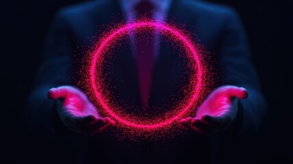 Business leader shaping a glowing brand logo from digital particles, symbolizing creative brand development, creative business concept, brand leadership