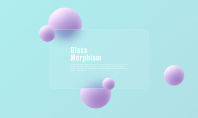 Website landing page template. Glass partition background with floating blue spheres.