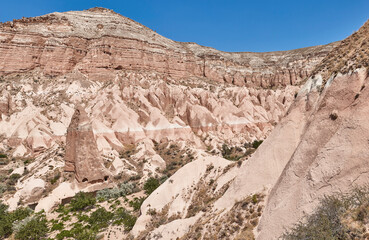 Panoramic rock formation in Cappadocia. Rose valley. Goreme, Turkey landmark