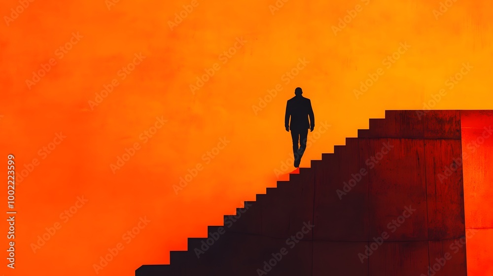 Wall mural A man walking up the stairs, symbolizing progress and success in business or professional life