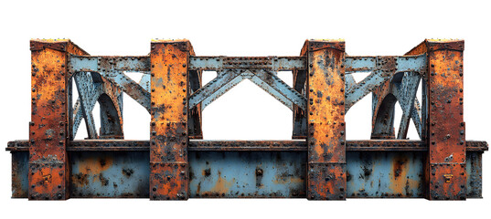 Rusted Industrial Metal Bridge Structure on Transparent Background, Aged Architectural Element