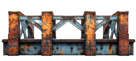 Rusted Industrial Metal Bridge Structure on Transparent Background, Aged Architectural Element