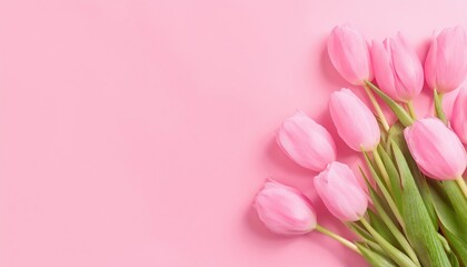 Beautiful composition spring flowers. Bouquet of pink tulips flowers on pastel pink background