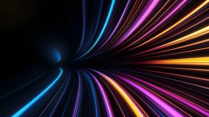 Radiant neon lines stretching through a geometric space, creating a sense of high-speed motion and vibrant energy in a digital landscape