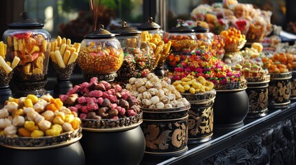 Obraz premium Luxurious containers filled with festival sweets from different countries, creating a rich and festive display.