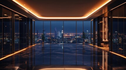 Luxurious empty room in a skyscraper with sweeping night views of the city skyline and sparkling lights.