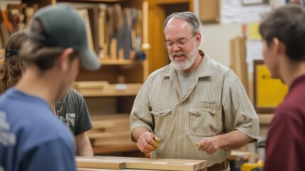 A woodworking instructor demonstrating techniques in a workshop setting, with students observing.