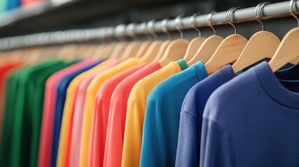 A vibrant display of colorful t-shirts hanging on wooden hangers in a retail setting.