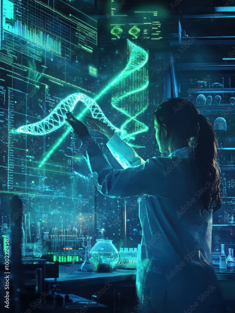 Aufkleber a genetic engineer manipulates holographic dna strands in a futuristic lab filled with advanced equi